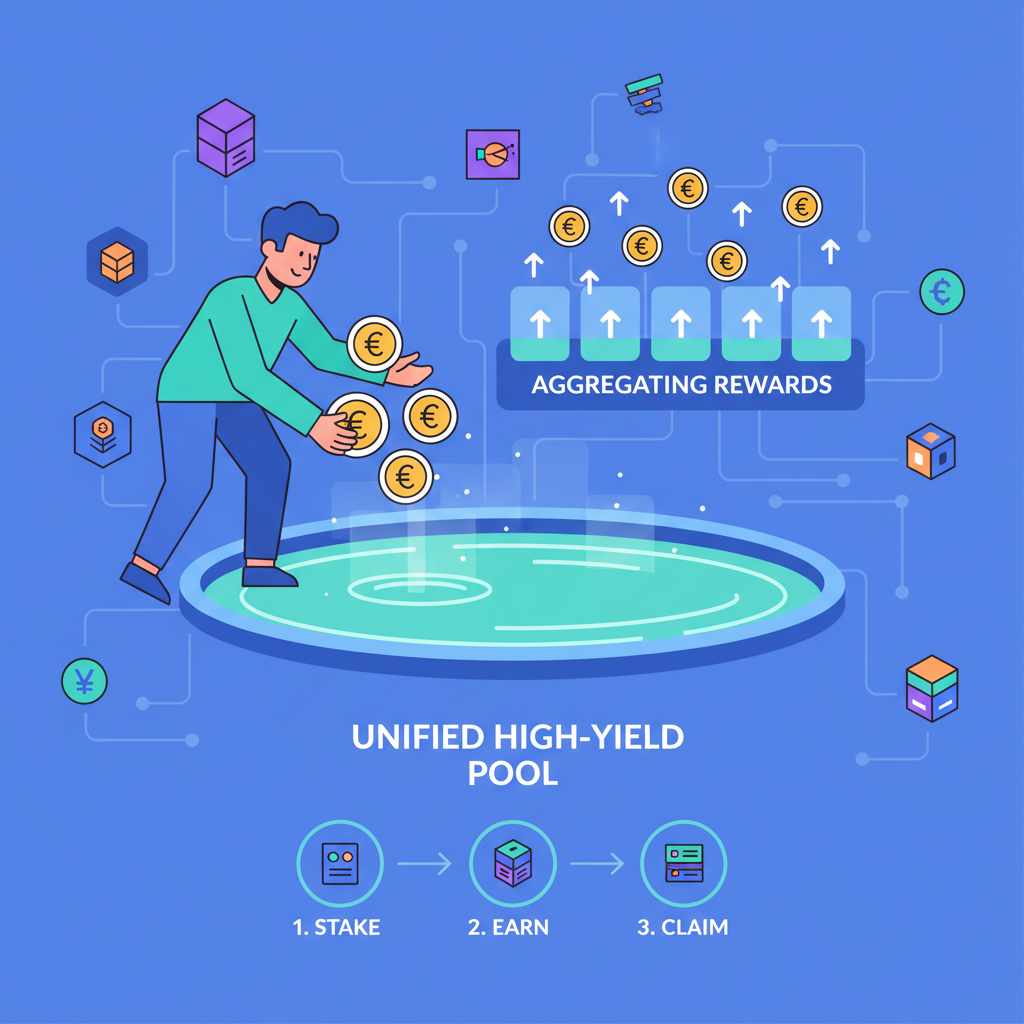 user staking tokens into unified high-yield pool, rewards aggregating, vibrant crypto ecosystem art