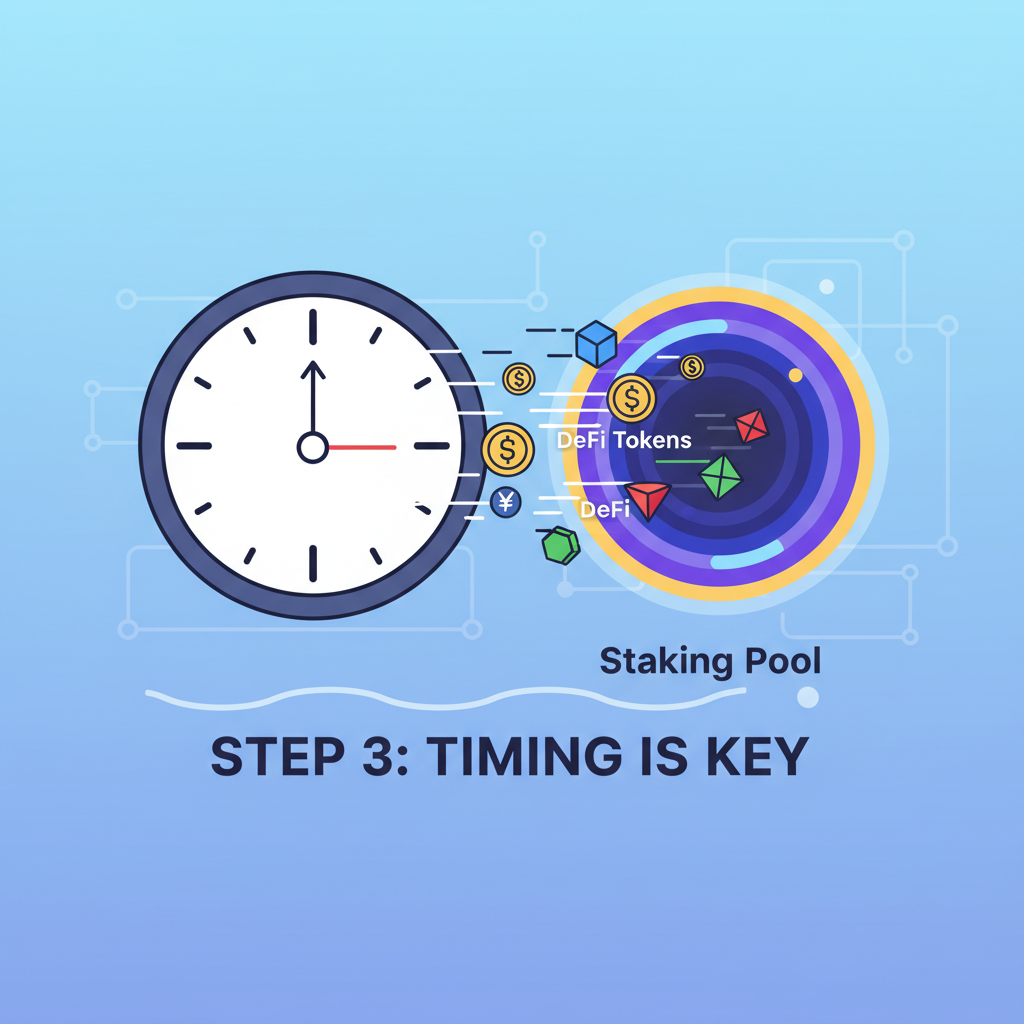 clock timing perfect entry into glowing staking pool, DeFi tokens flowing in, dynamic motion blur