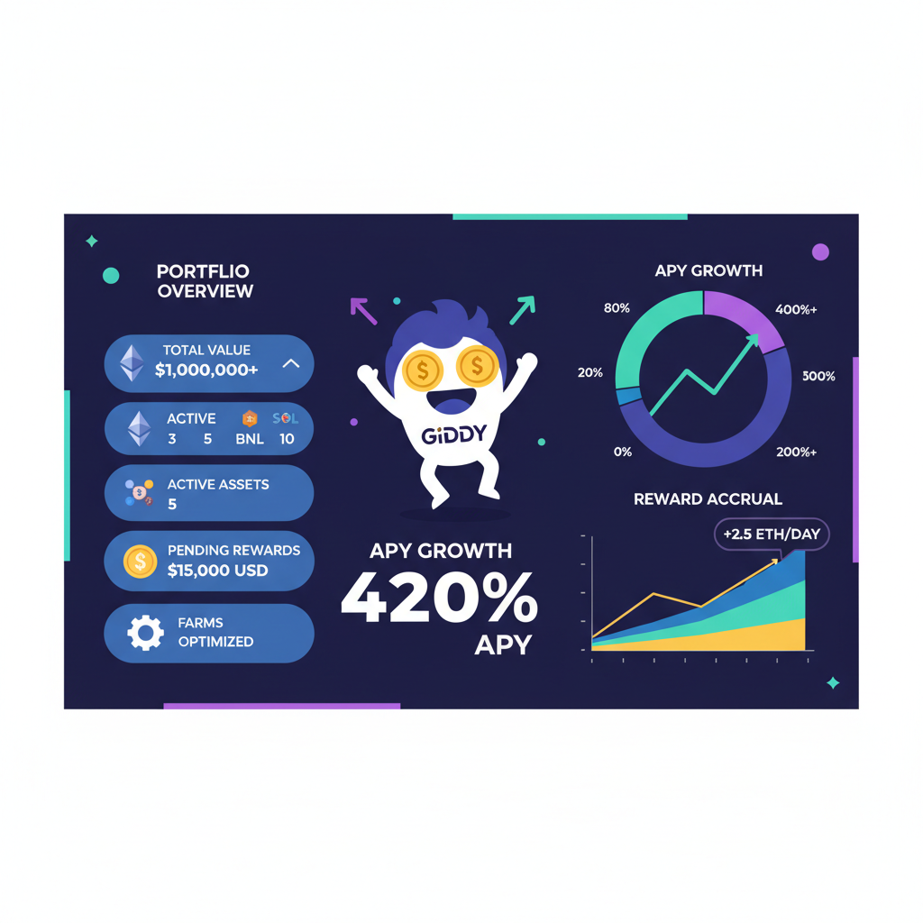 Giddy yield tracking dashboard, charts of APY growth, reward accrual graphs, portfolio overview, dark mode UI