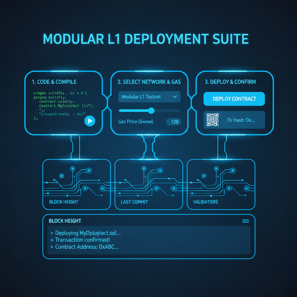 sleek blockchain smart contract deployment dashboard on modular L1 chain, futuristic UI, glowing code snippets, blue neon accents