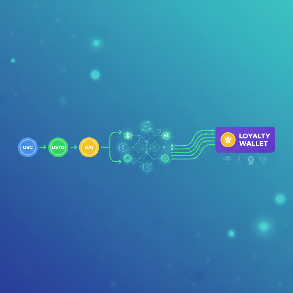 cross-chain intent flow diagram with stablecoin icons flowing into loyalty wallet, abstract network nodes, vibrant green connections