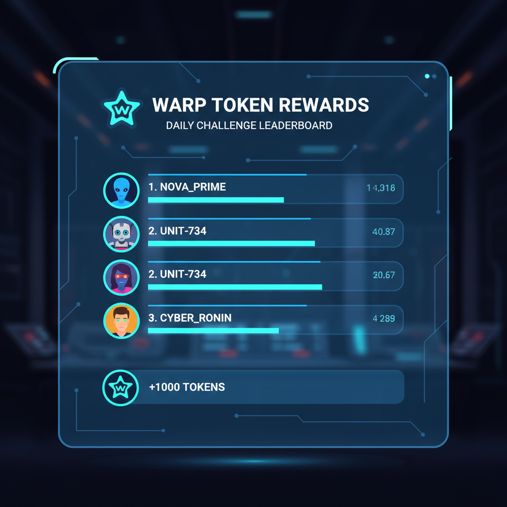 dynamic gamified leaderboard dashboard with rising bars, user avatars, WARP token rewards, sci-fi holographic display