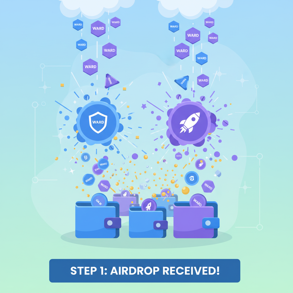 airdrop event visualization with tokens raining on holder wallets, WARD and WARP icons exploding, celebratory particle effects