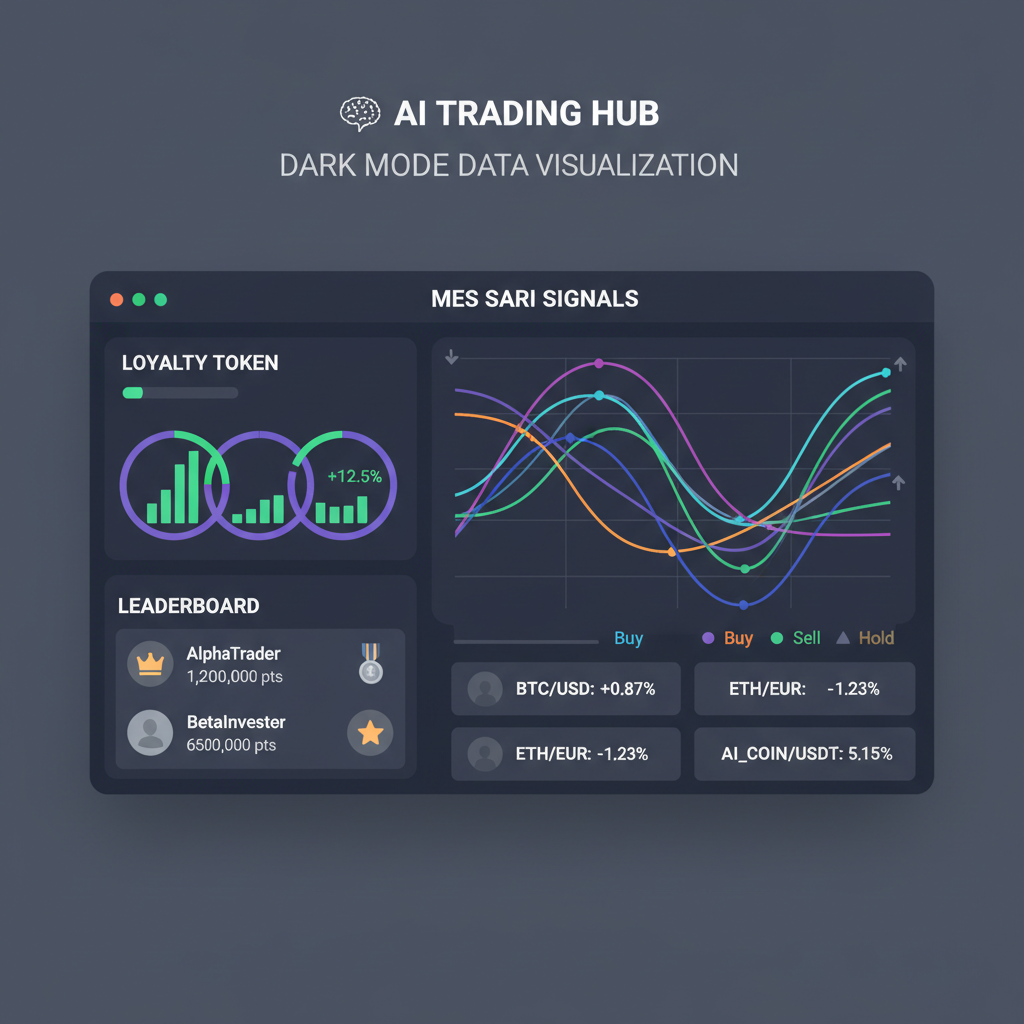 AI trading terminal screen with loyalty token charts, leaderboards, Messari signals graphs, dark mode precise data viz