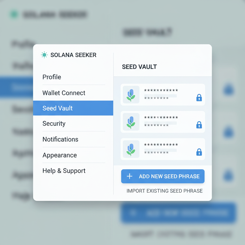 Solana Seeker settings menu open to Seed Vault with add new seed phrase import option