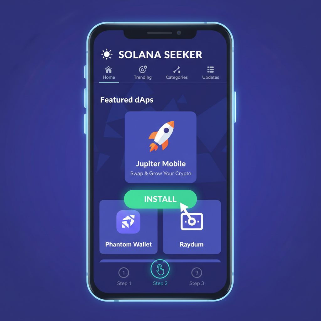 Solana Seeker phone dApp store screen highlighting Jupiter Mobile app install button, sleek futuristic UI