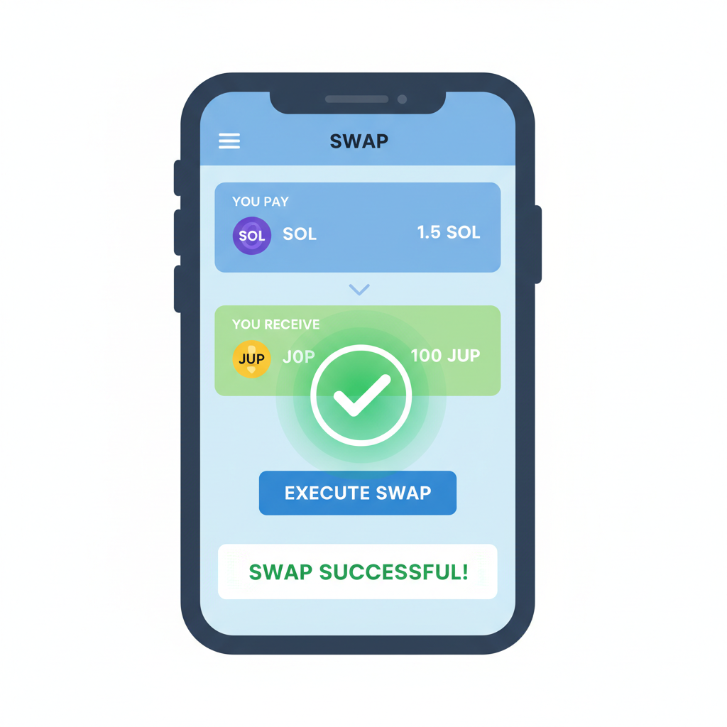 Mobile DeFi app confirming SOL to JUP swap with execute button and success animation