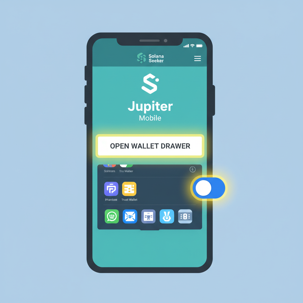Jupiter Mobile app on Solana Seeker with open wallet drawer and switch button highlighted