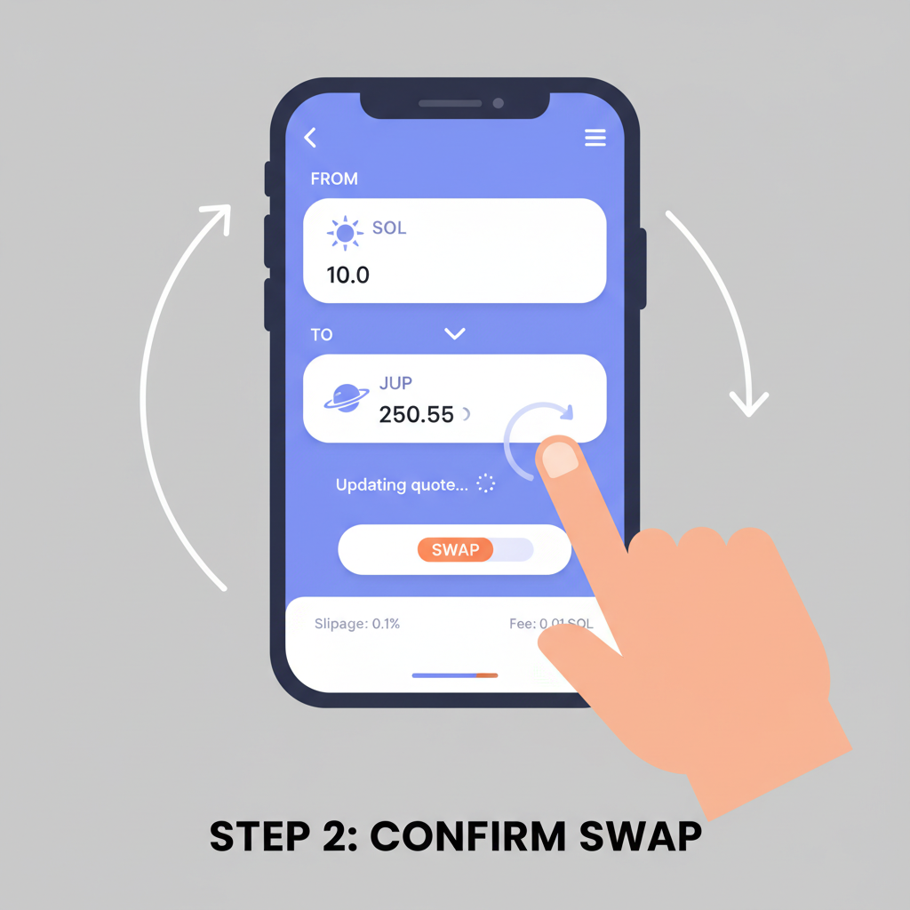 Jupiter Mobile swap interface searching SOL to JUP tokens with updating quotes