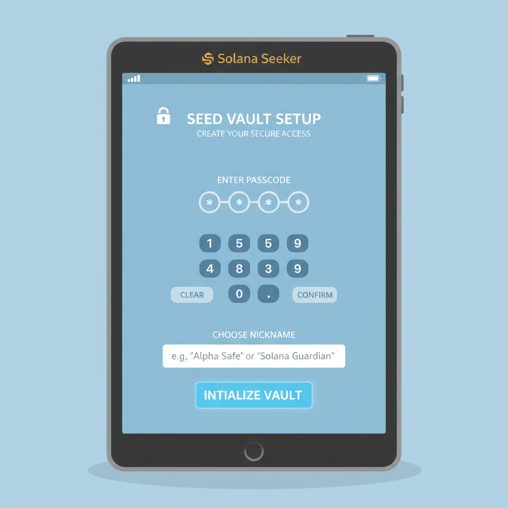 Seed Vault setup screen on Solana Seeker showing passcode input and nickname field