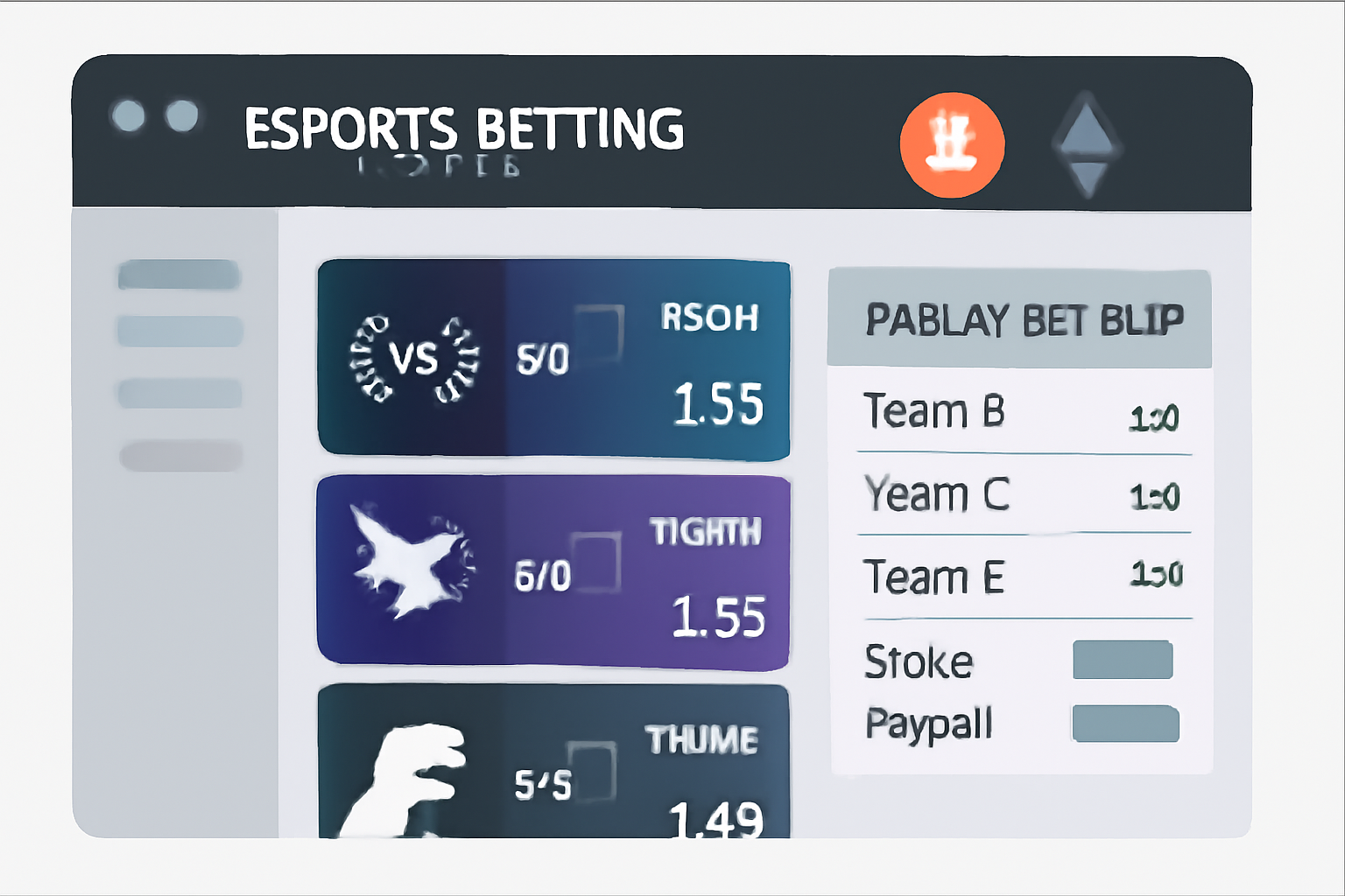 A modern, secure esports betting website interface with Bitcoin and Ethereum logos, esports match banners, and a parlay bet slip visible.