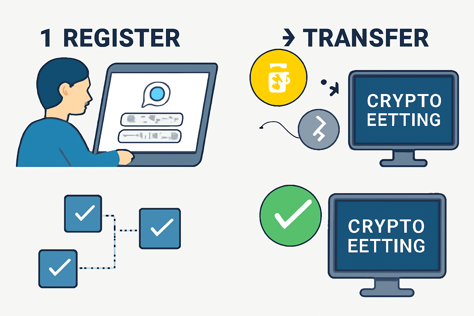 A user registering on a crypto betting site, then transferring Bitcoin or Ethereum from a digital wallet to the site, with blockchain confirmation icons.