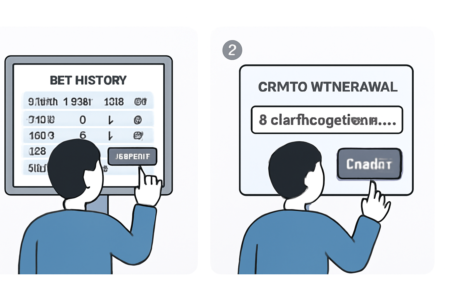 A user viewing their bet history on a dashboard, then initiating a crypto withdrawal with a wallet address and confirmation screen.