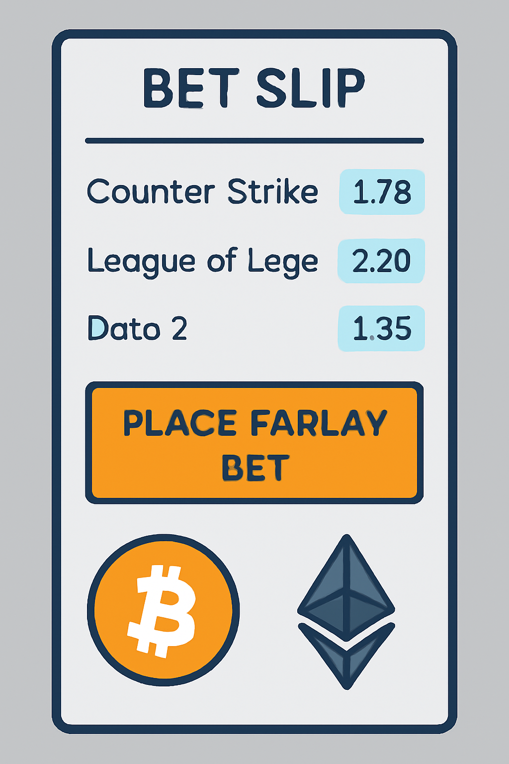 A digital bet slip with multiple esports matches selected, odds displayed, and a 'Place Parlay Bet' button highlighted, with Bitcoin and Ethereum icons.