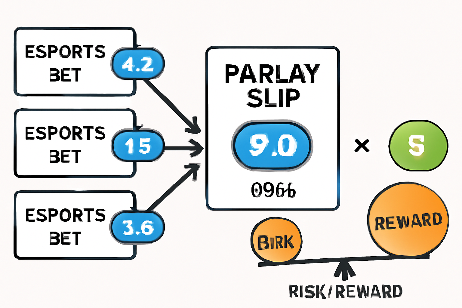 A visual diagram showing multiple esports bets combining into a single parlay slip, with odds multiplying and a risk/reward scale.