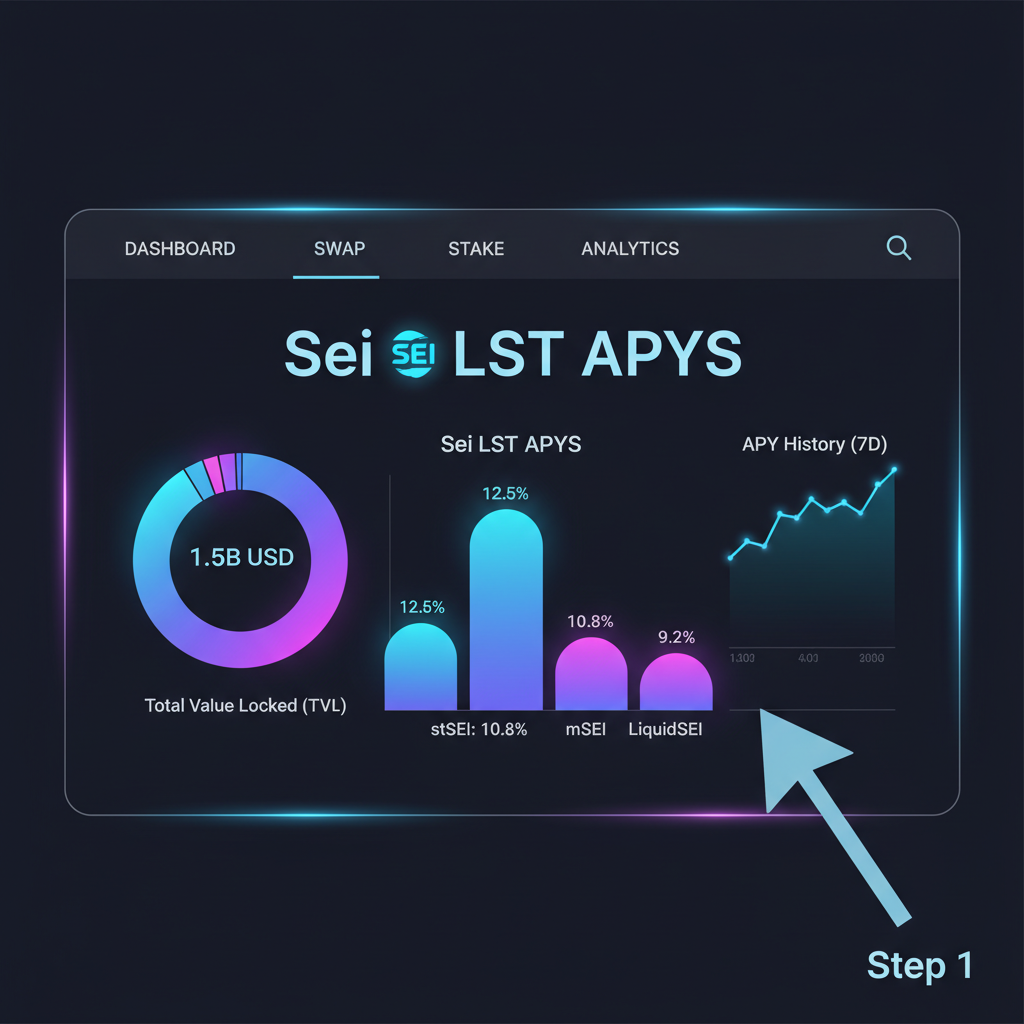 sleek crypto dashboard monitoring Sei LST APYs with glowing charts and neon Sei logo