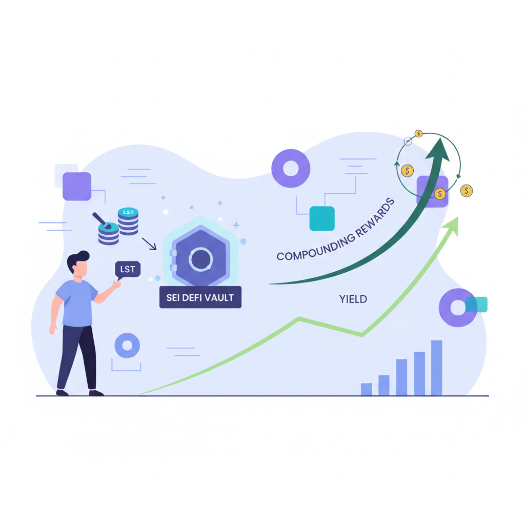 user restaking LST tokens in Sei DeFi vault, yield graphs rising with compounding rewards