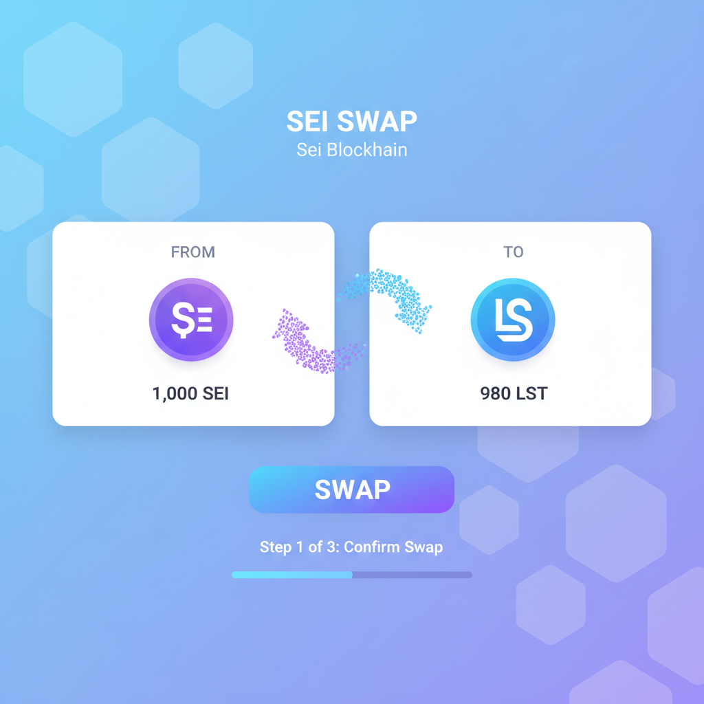 DEX swap screen converting SEI to new LST token on Sei blockchain, dynamic token flow animation