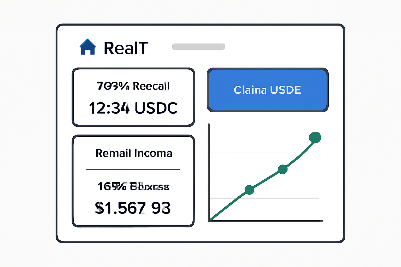 RealT dashboard showing yields earned, USDC claim button, rental income graph rising, wallet balance update