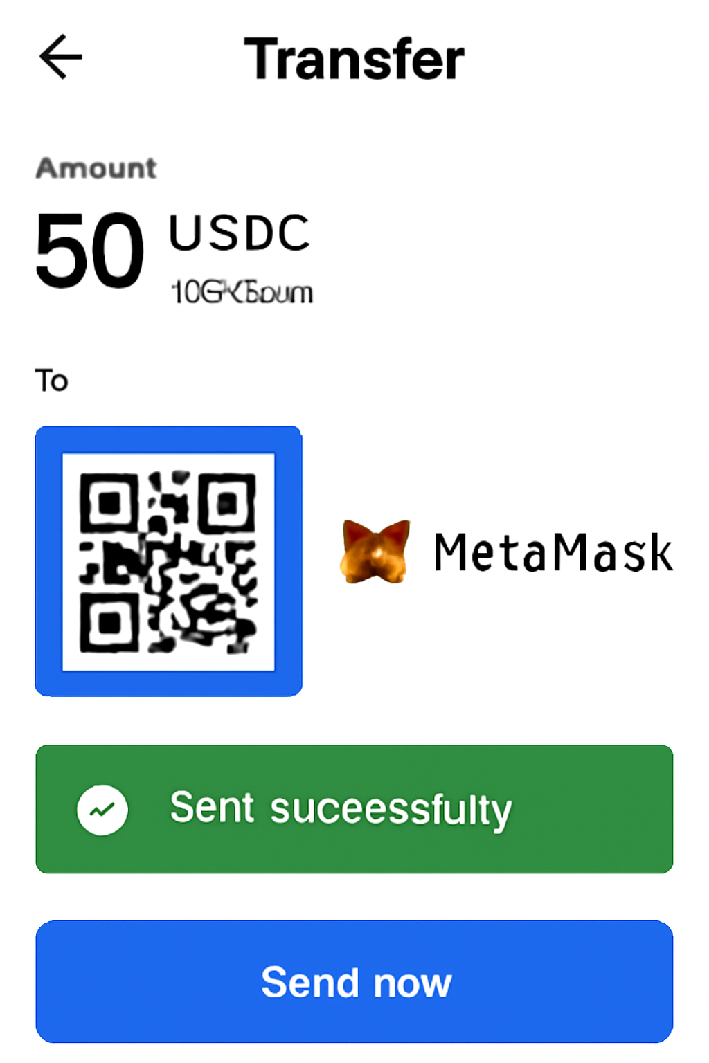 screenshot style of transferring USDC from Coinbase to MetaMask wallet, wallet address QR code, green success notification