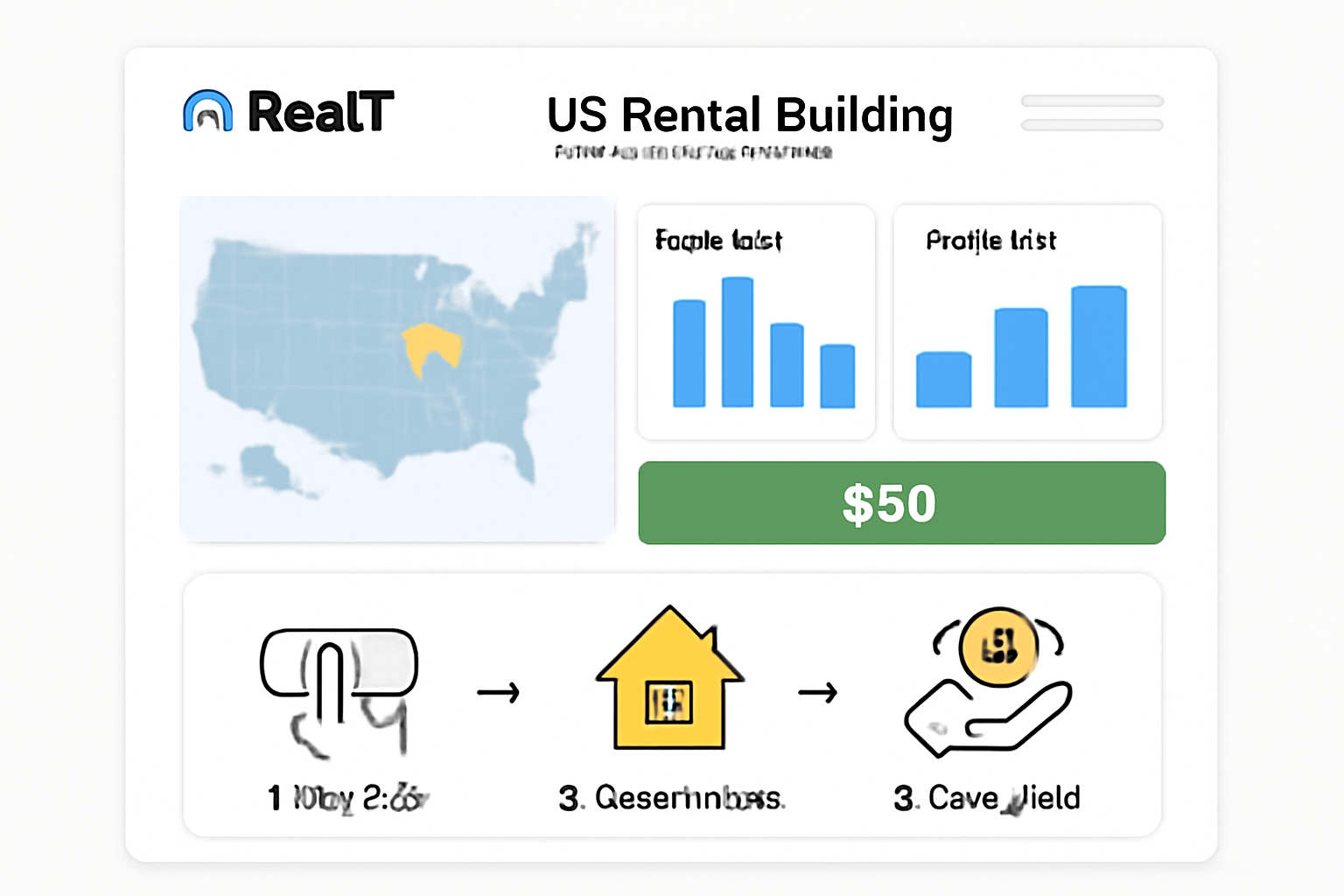 detailed property page on RealT, map view of US rental building, yield charts, $50 buy button