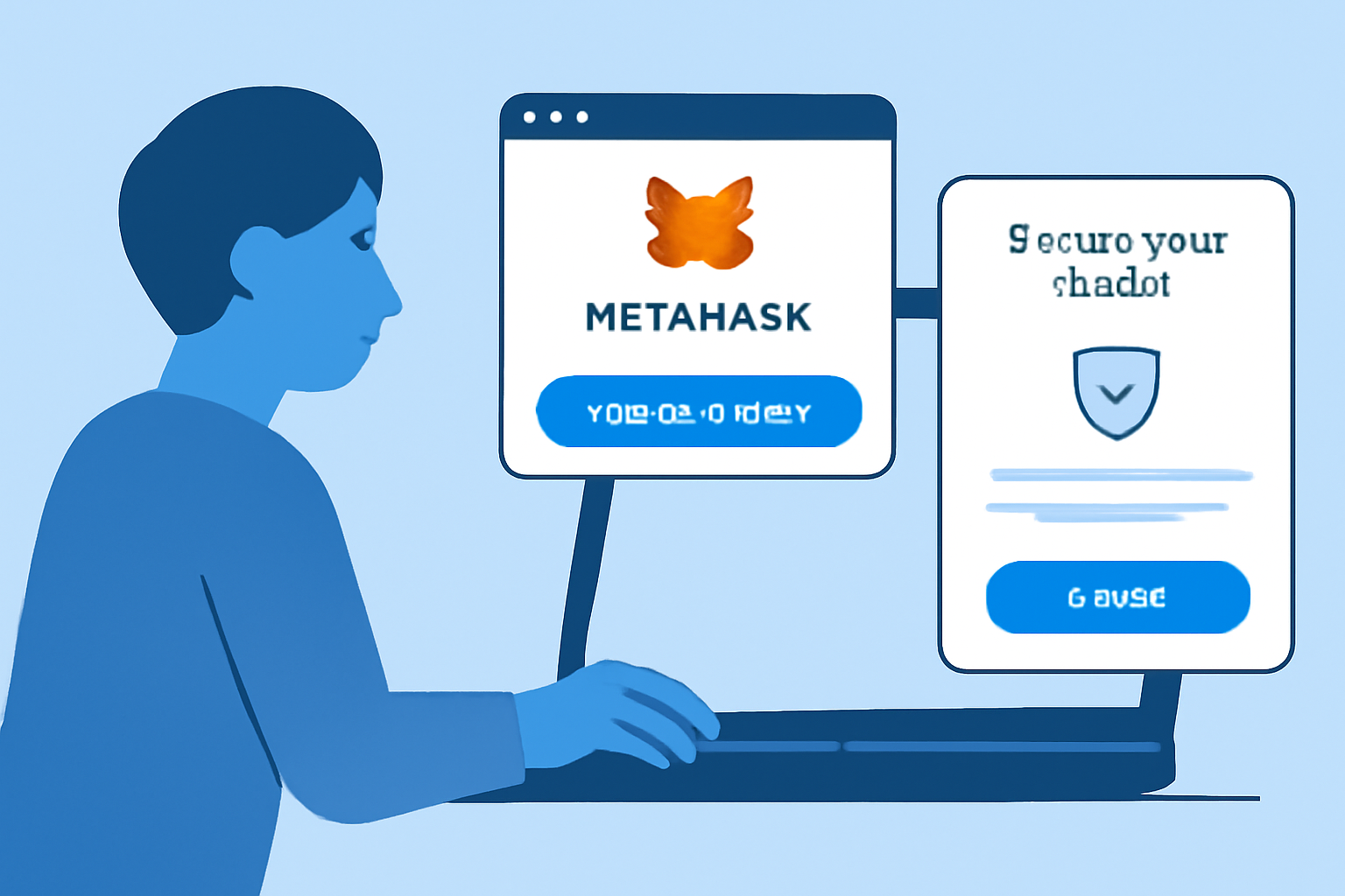 clean illustration of installing MetaMask wallet on laptop, browser extension popup, secure setup screen, modern blue tones