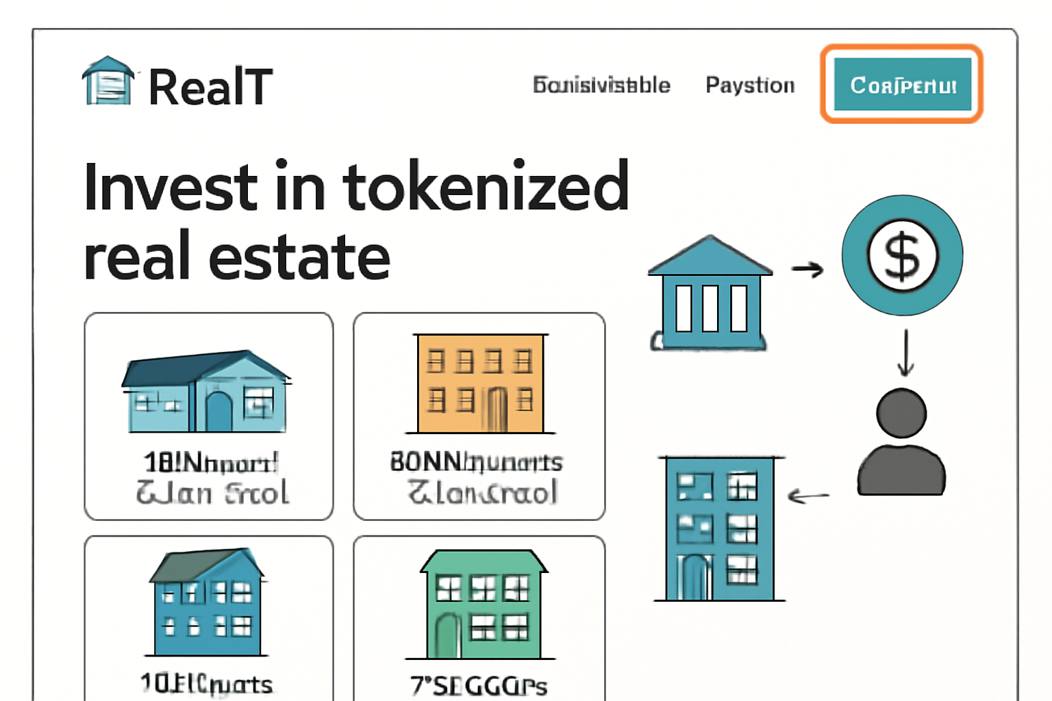 RealT website homepage, properties grid with fractional shares, MetaMask connect button highlighted, real estate icons