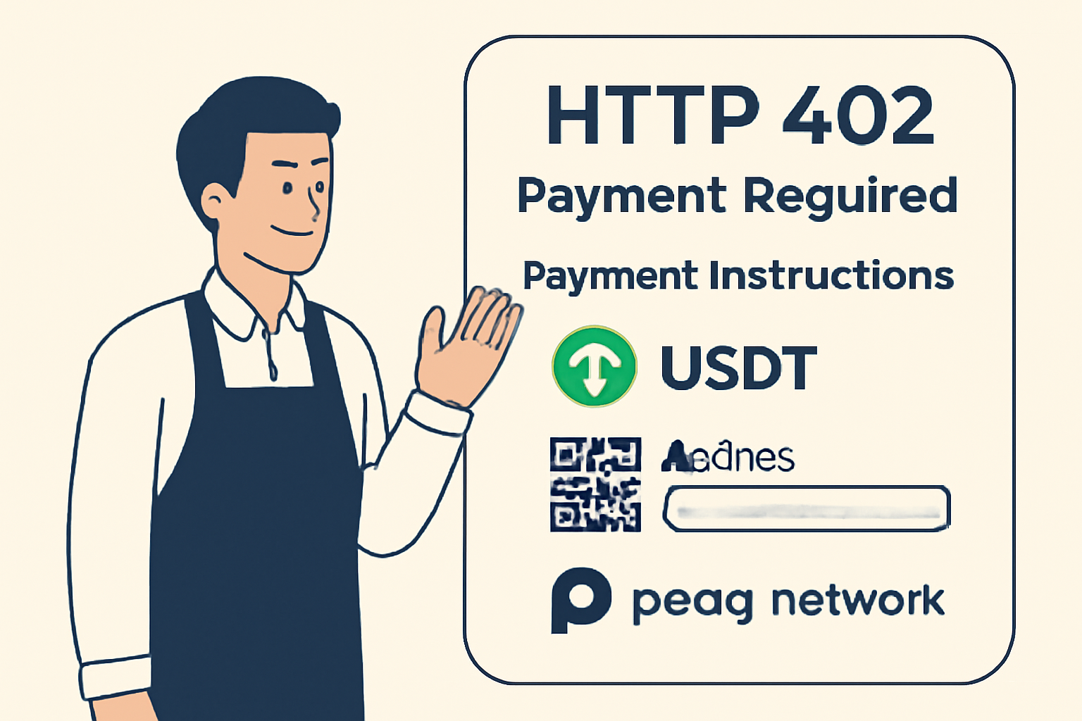 A server responding with HTTP 402 status code, displaying payment instructions for USDT on peaq network.