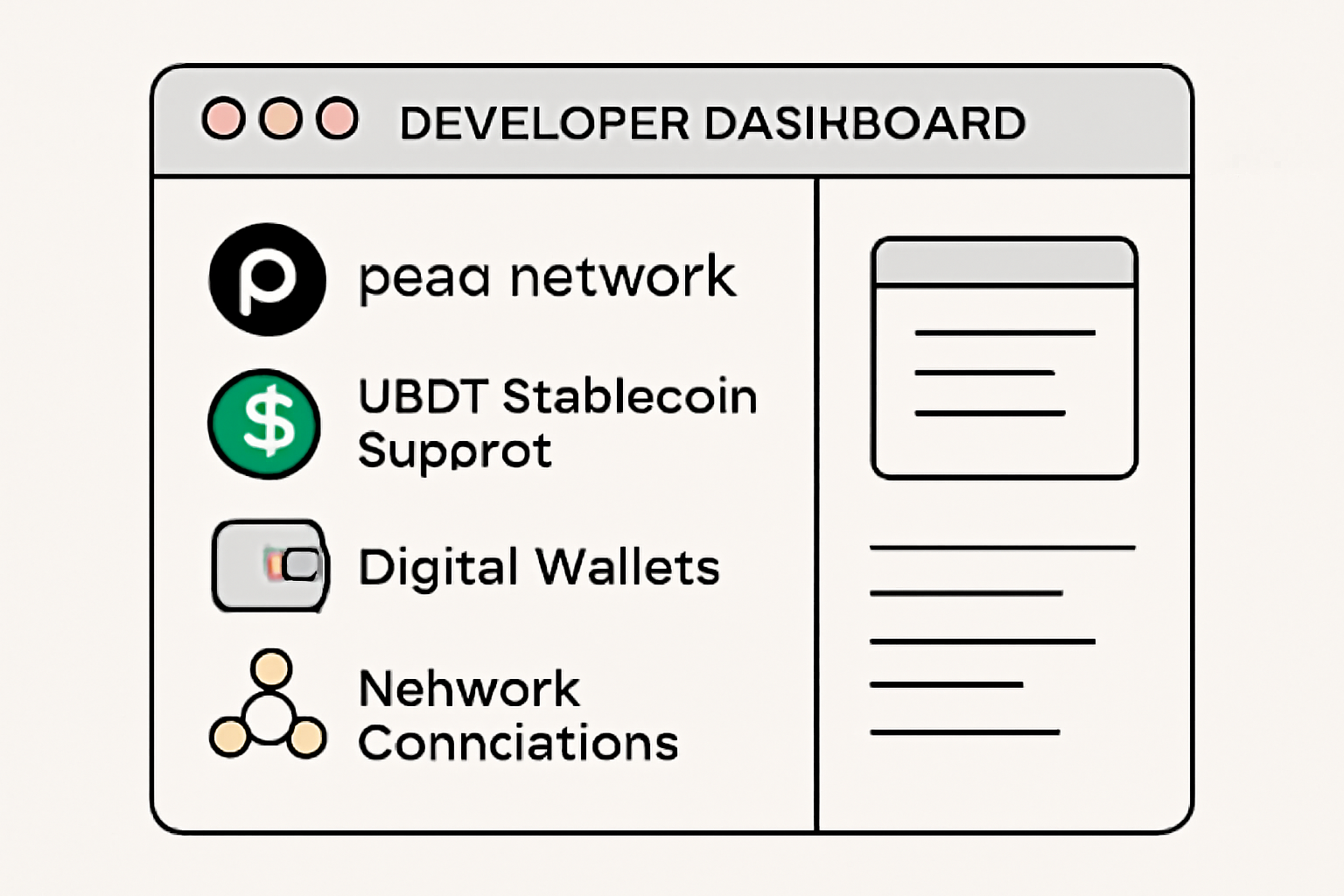 A developer dashboard showing peaq network integration with USDT stablecoin support, digital wallets, and network connections.