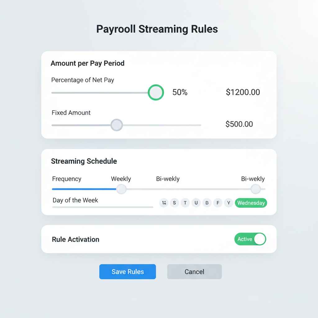 dashboard settings for payroll streaming rules, sliders for amounts and schedules, tech UI