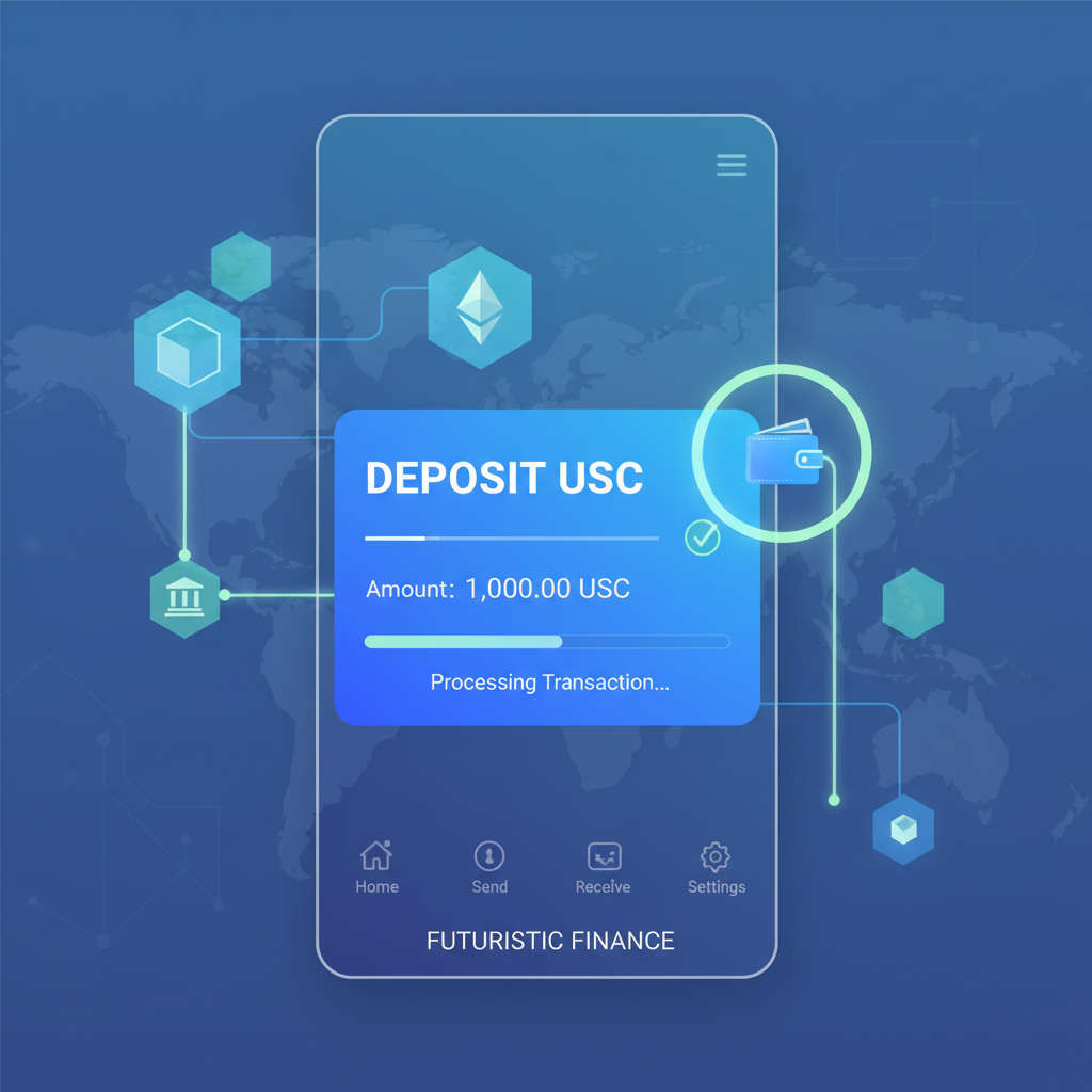 digital wallet interface showing USDC deposit, glowing blockchain nodes, futuristic finance