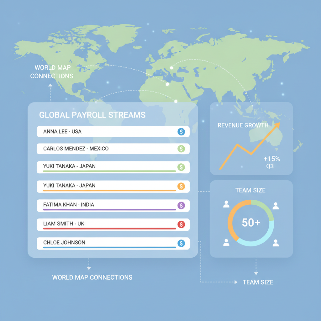 team dashboard with multiple employee payroll streams active, world map connections, growth chart