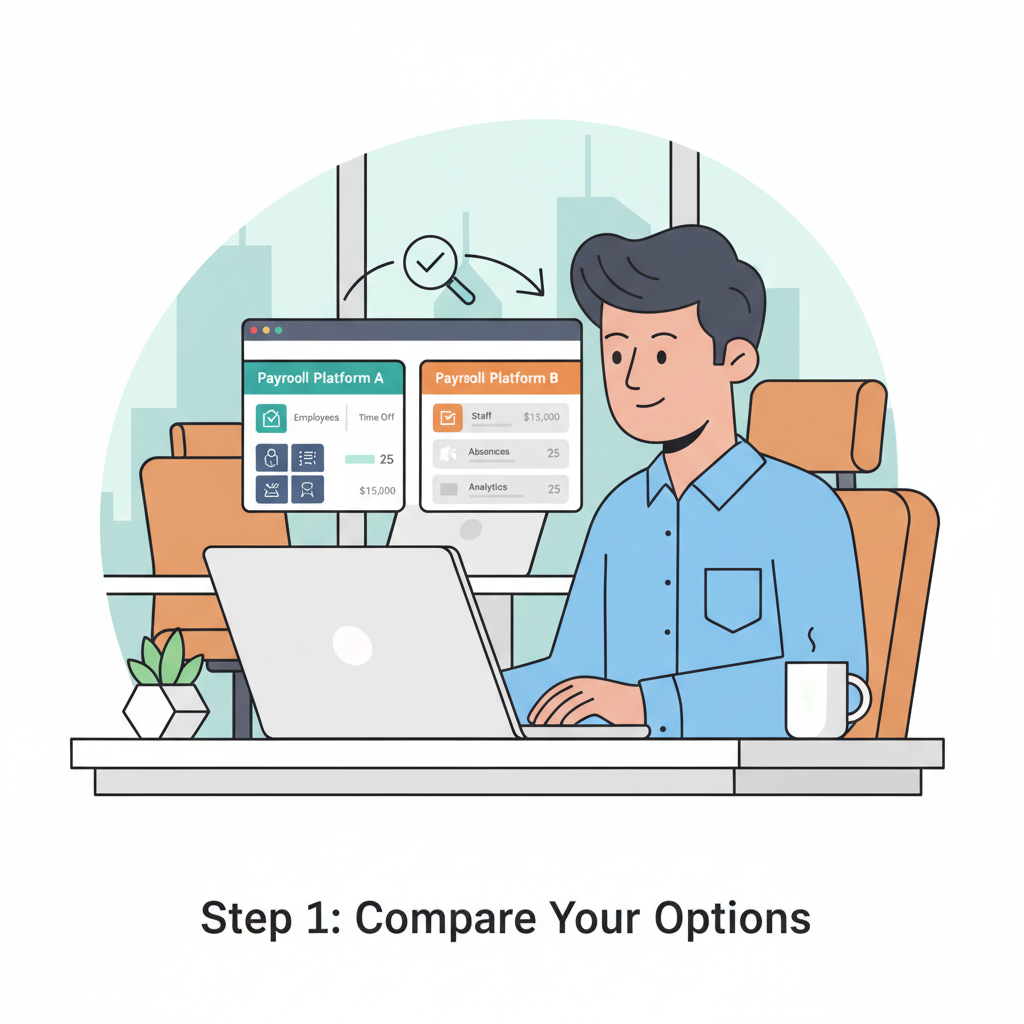professional at desk comparing payroll platforms on laptop screen, modern office, clean design