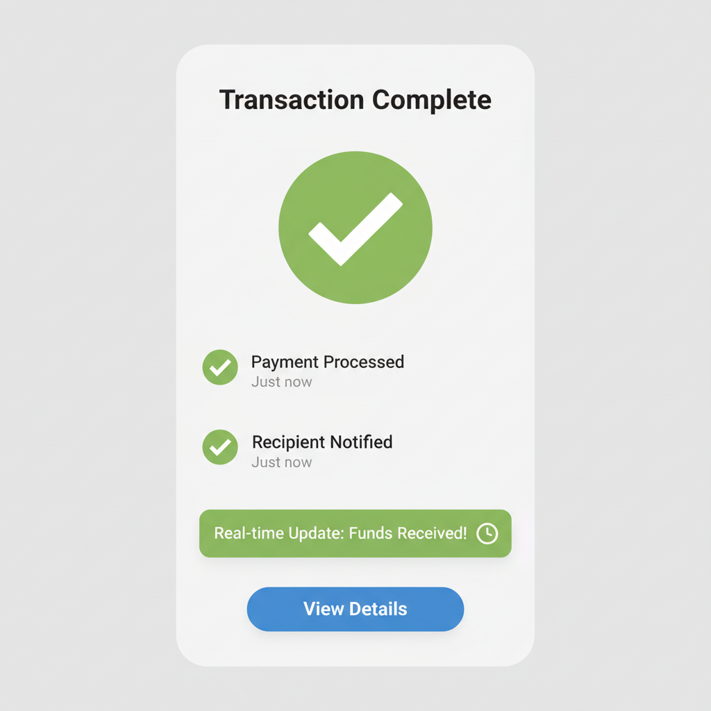 test transaction confirmation on mobile app, green checkmarks, real-time notification