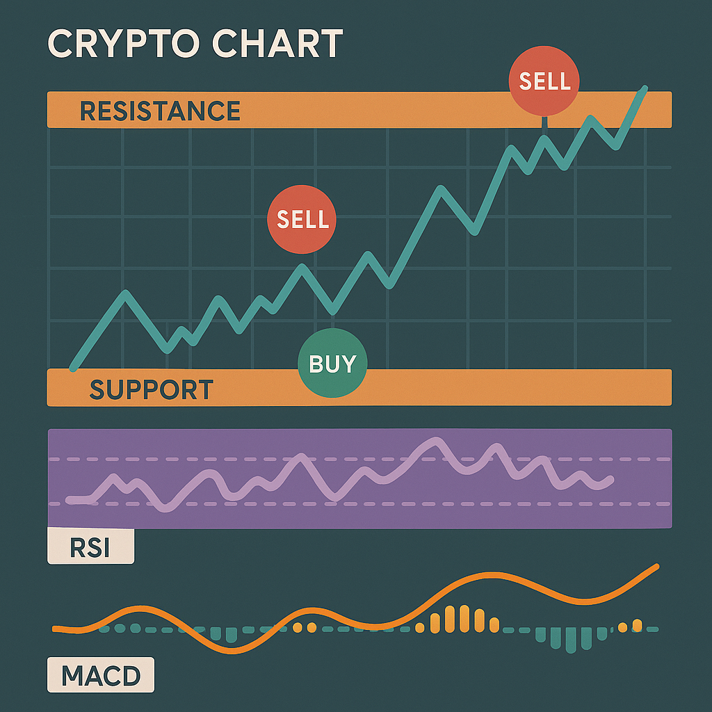A crypto chart showing RSI and MACD indicators aligning with support and resistance, with buy/sell signals clearly marked.