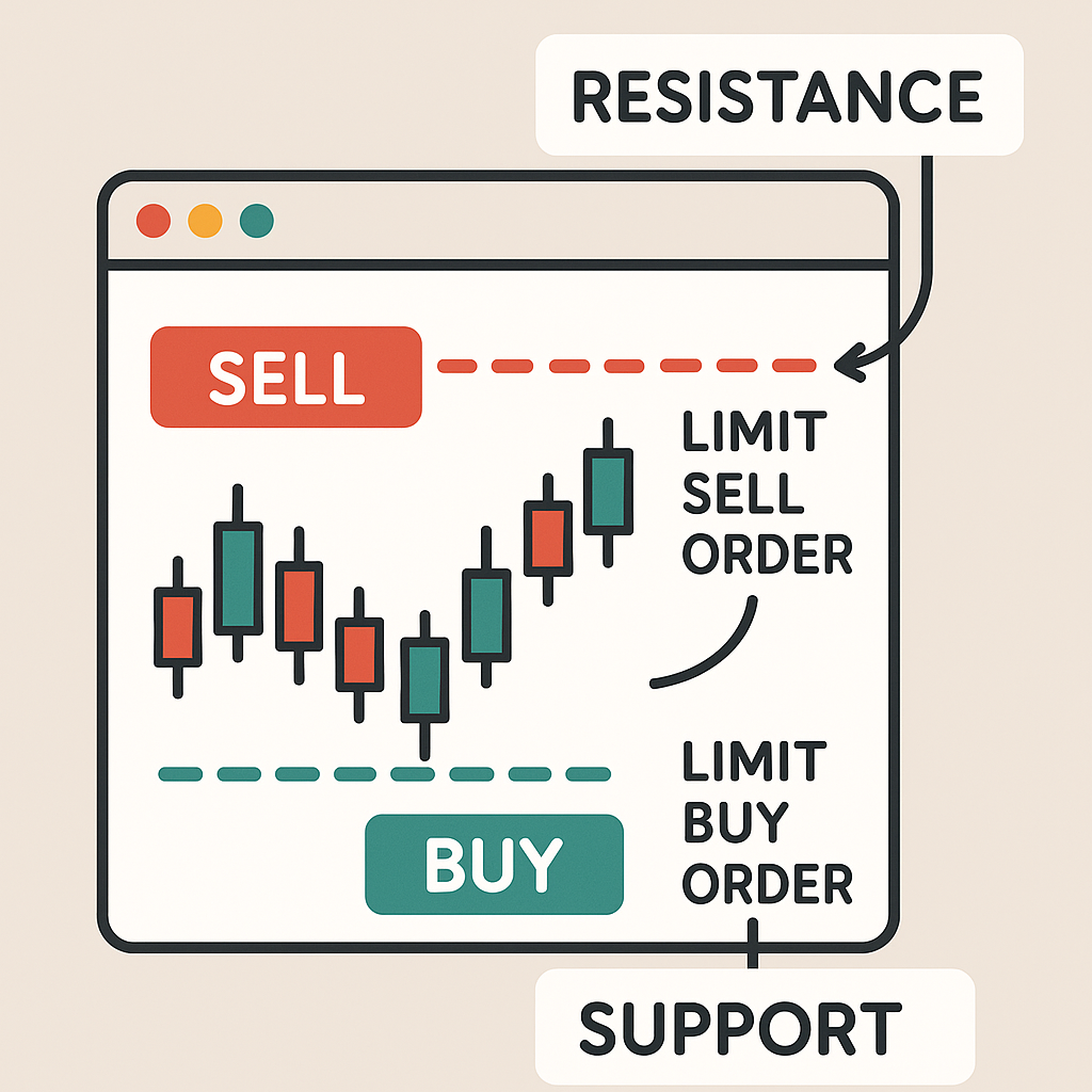 A trading interface with limit buy order placed slightly above support and sell order just below resistance, highlighted with annotations.