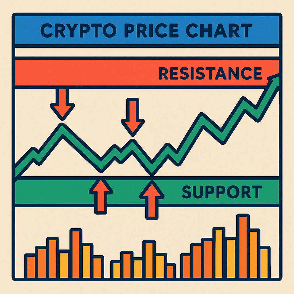 A colorful crypto price chart highlighting support and resistance zones with high volume bars, arrows pointing to bounce points.