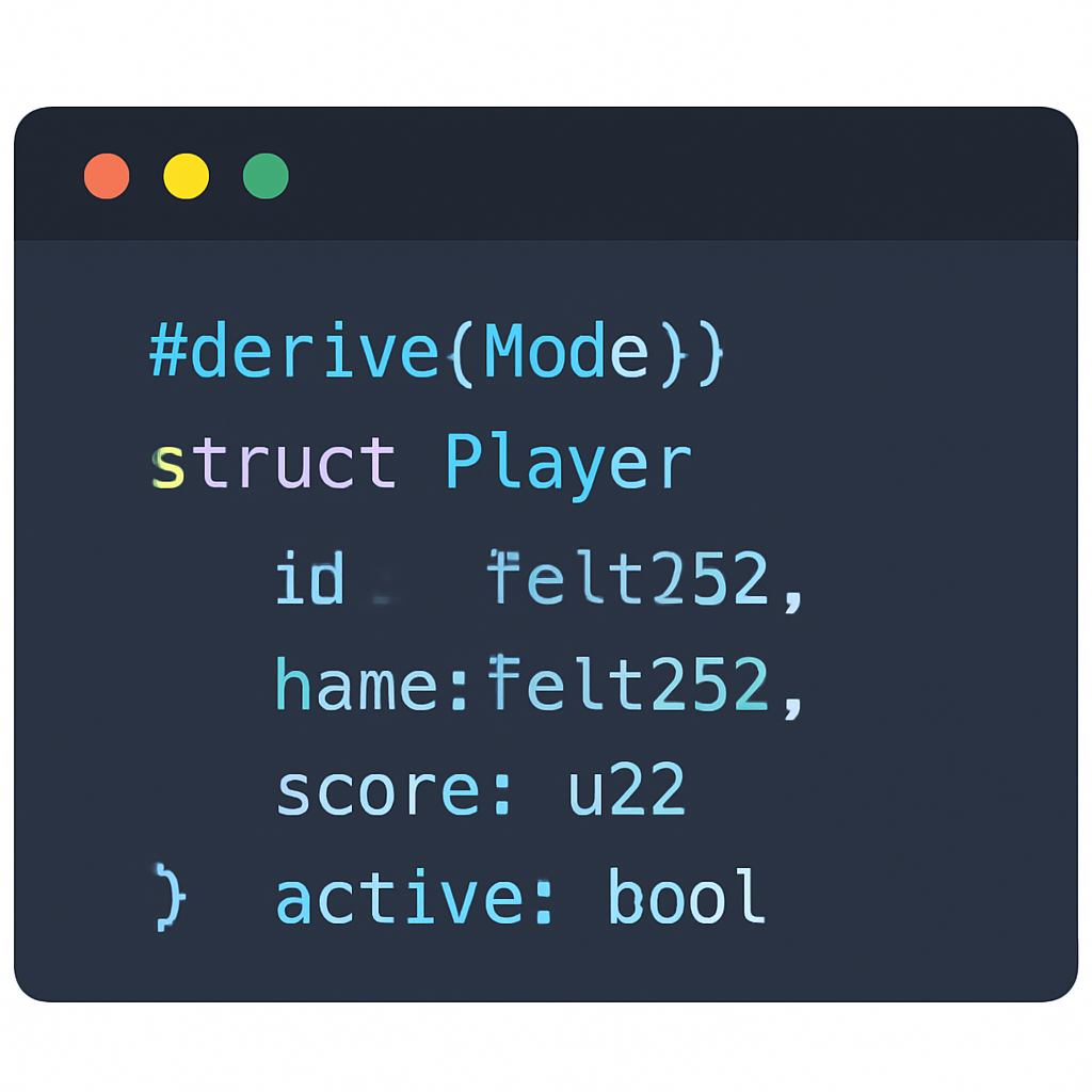 Cairo code snippet defining a Player model with attributes, shown in a modern code editor UI
