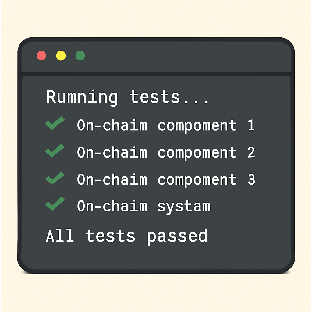developer terminal running tests for on-chain components and systems, with green checkmarks indicating success