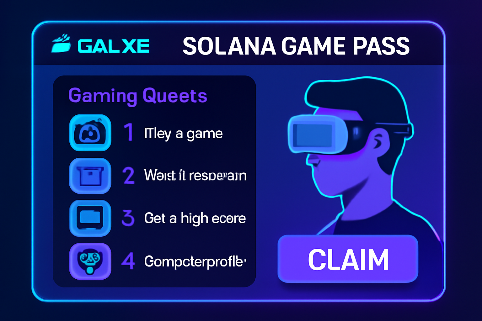 vibrant Galxe Solana Game Pass page UI, futuristic gaming quests dashboard, neon blues and purples