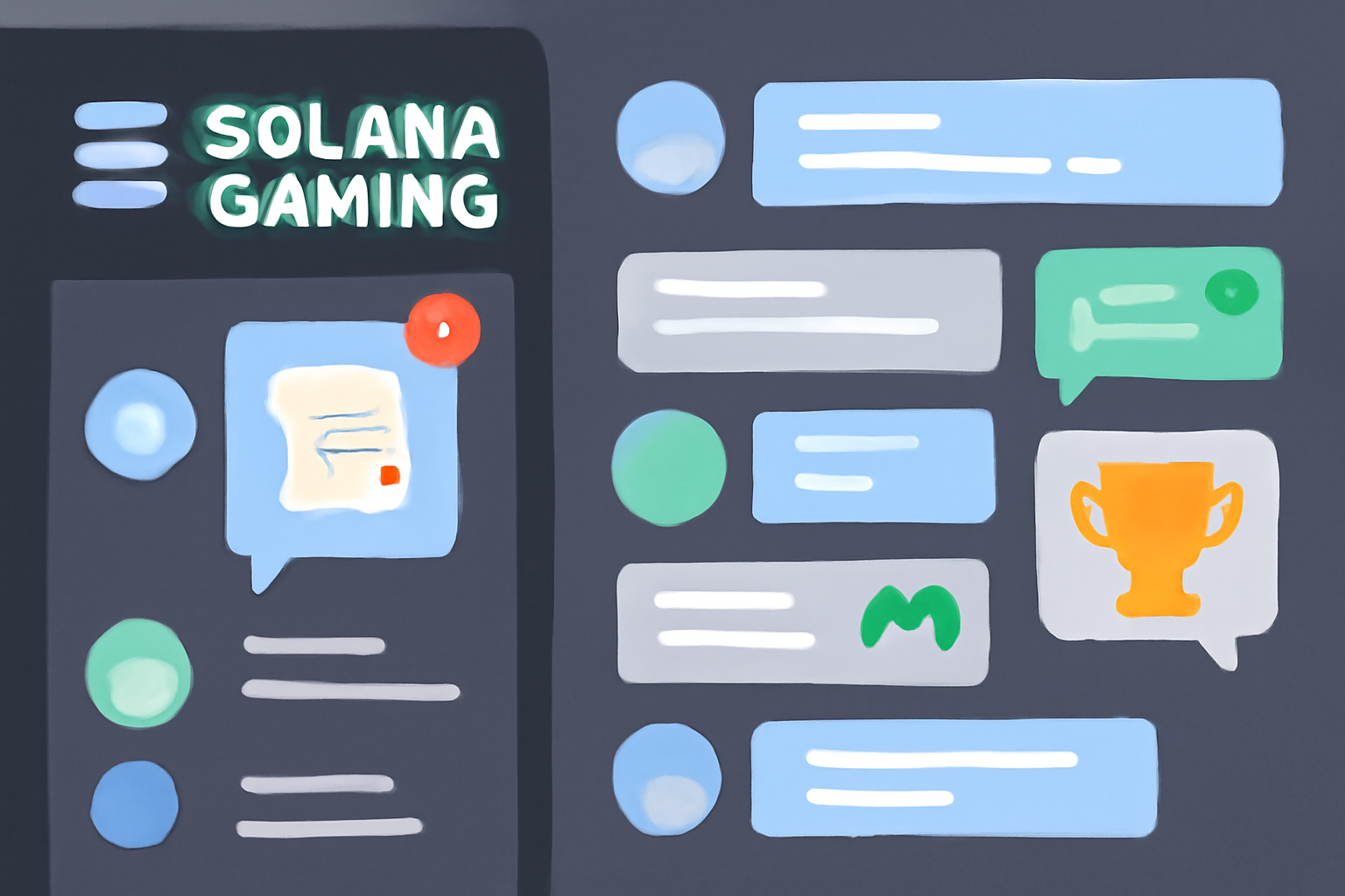 busy Discord server Solana Gaming, chat bubbles quests notifications, gaming community vibe