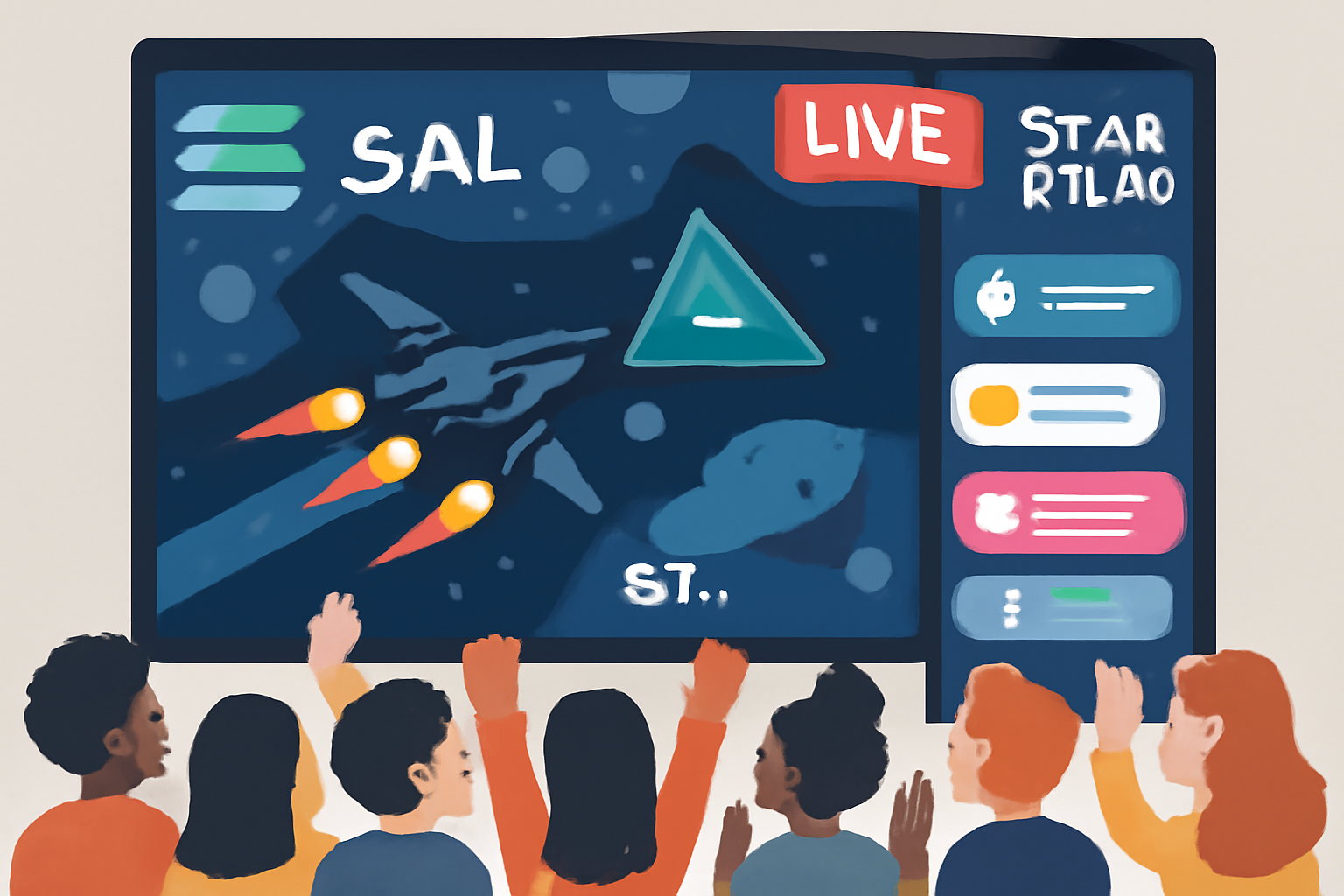 live stream Solana gaming event, excited crowd watching Star Atlas race, chat exploding