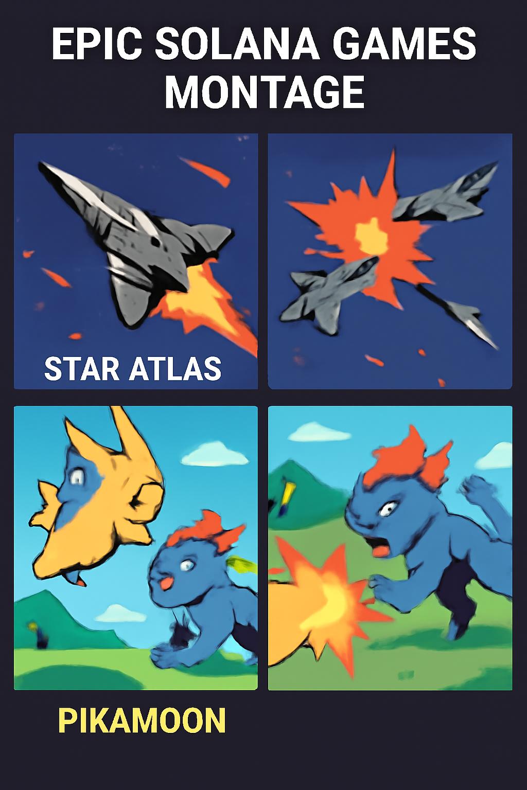epic Solana games montage Star Atlas spaceship battle Pikamoon creatures, dynamic action scenes