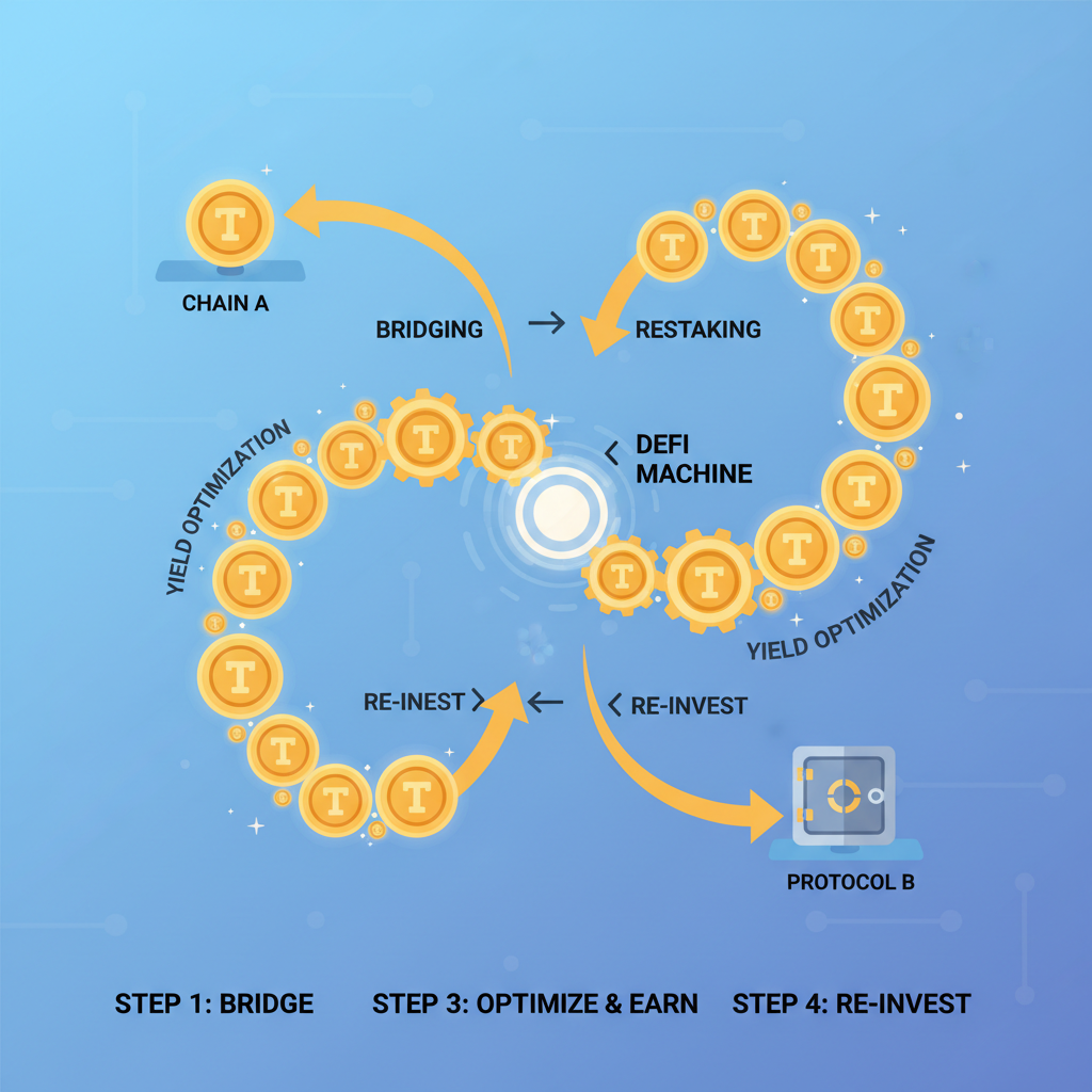 infinite loop of tokens bridging and restaking, golden cycles, DeFi machine gears, radiant energy