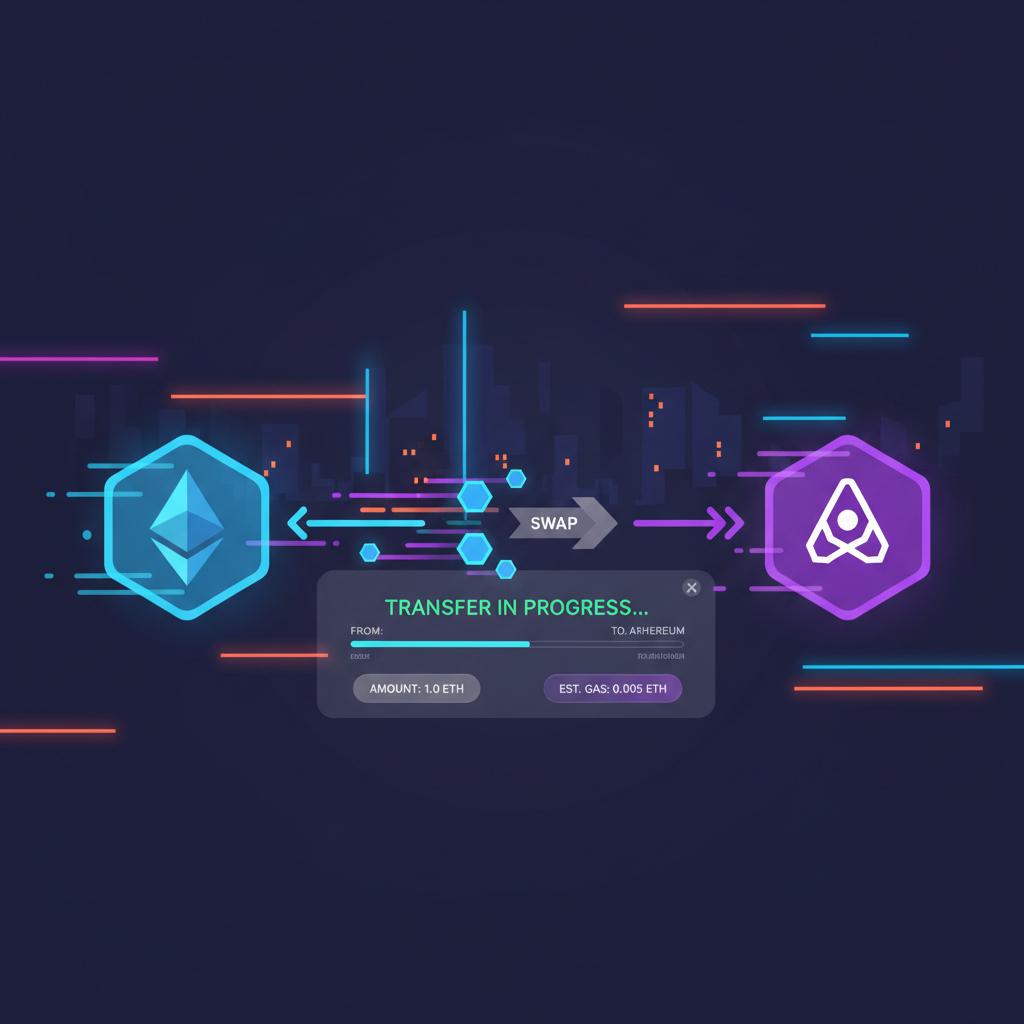 sleek cross-chain bridge interface transferring glowing tokens from Ethereum to Arbitrum, speed lines, cyberpunk glow