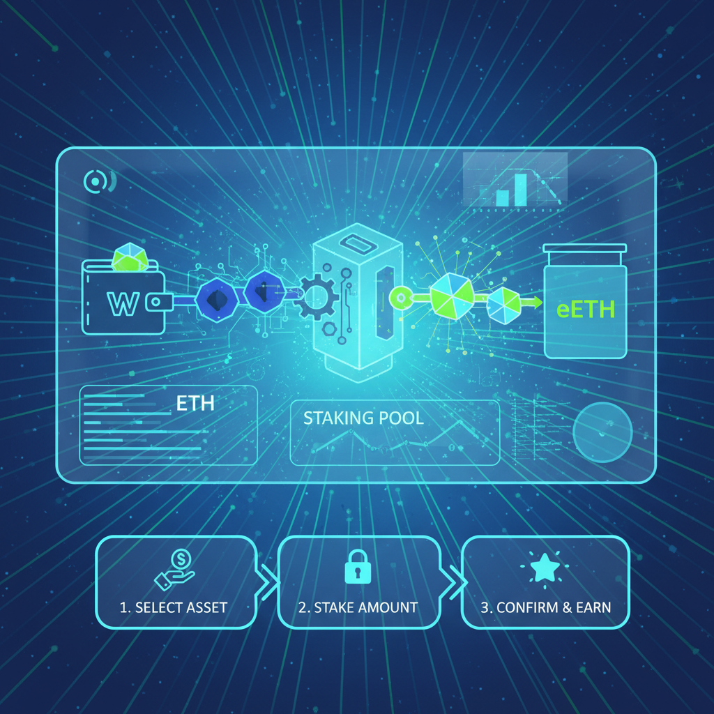 vibrant DeFi wallet staking ETH into glowing eETH tokens, neon blue and green hues, futuristic interface