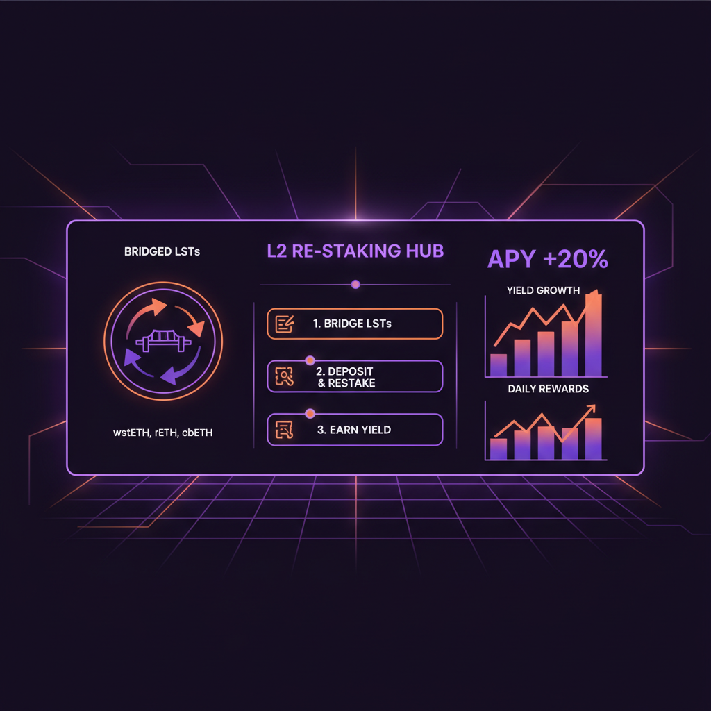 dynamic L2 dashboard restaking bridged LSTs, yield charts spiking, purple and orange neon vibes