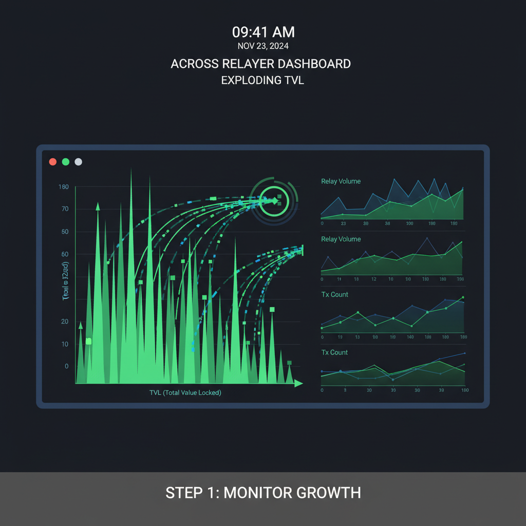 exploding TVL charts on Across relayer dashboard, green spikes, data streams, high-tech monitoring screen