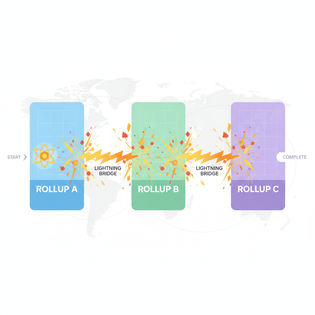 atomic transaction flowing across multiple blockchain rollups, lightning-fast bridges connecting chains, explosive energy visualization