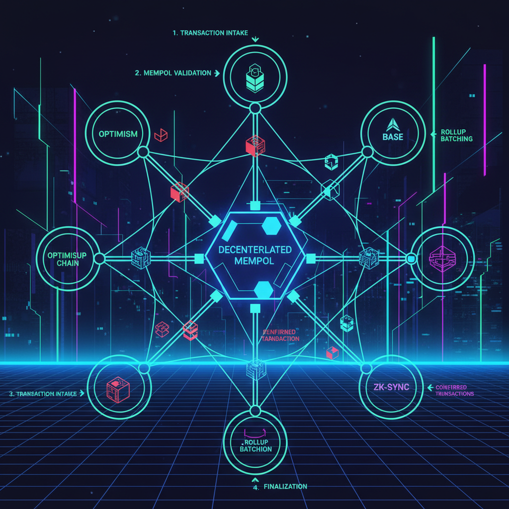 decentralized mempool diagram, interconnected rollup chains, glowing transaction packets flowing in, cyberpunk style